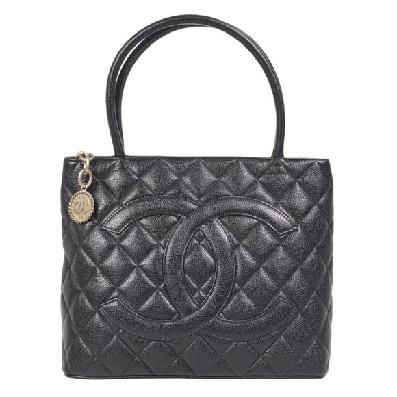 Chanel Medallion Quilted CC Hand Tote Bag Purse Black Caviar Skin - Picture 1 of 16
